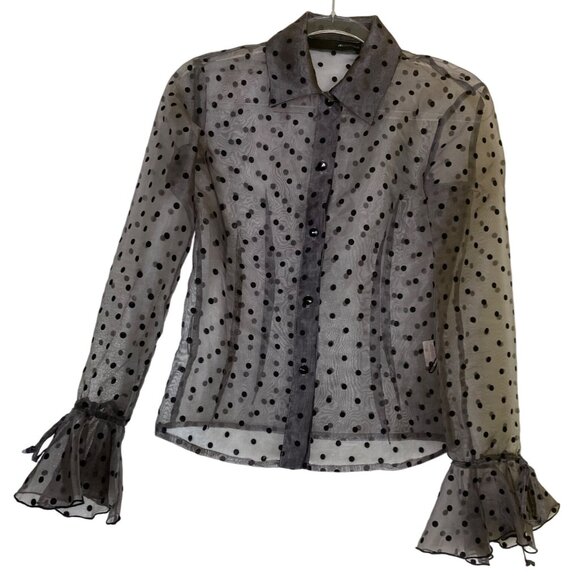 JS Boutique Sheer Black Polka Dot Blouse Ruffled Size 4 Top Shirt Goth Vamp Luxe - Picture 3 of 8